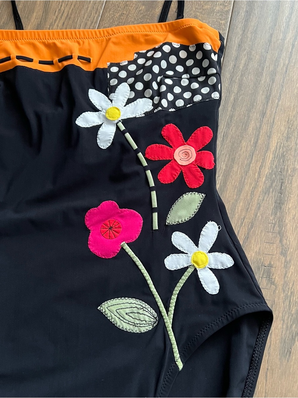 Gottex Black One-Piece Swimsuit with Orange Trim and Floral Appliqués US 8 - Picture 2 of 11